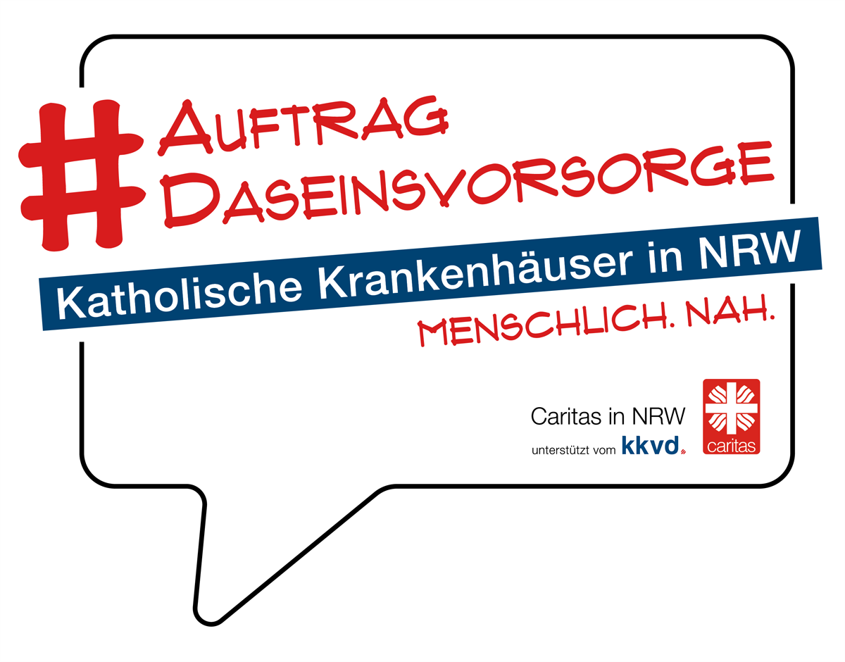 Signet zu #AuftragDaseinsvorsorge in einer Sprechblase mit der Unterüberschrift 'Katholische Krankenhäuser in NRW'