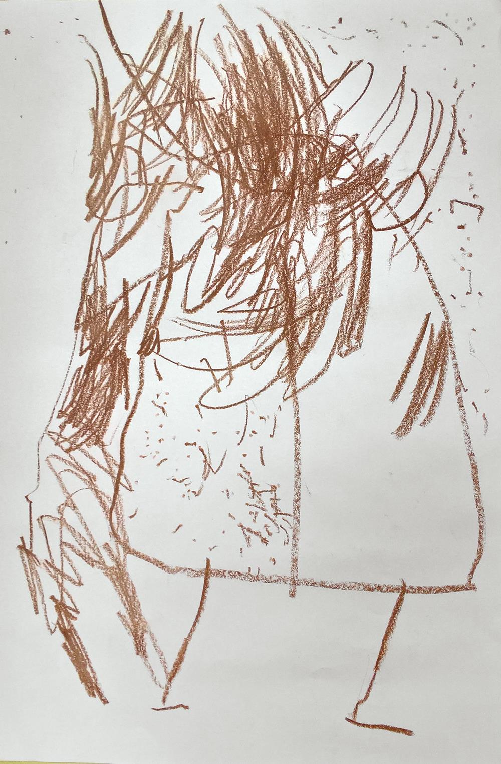 Eine Kinderzeichnung mit braunen Holzstiften gemalt.