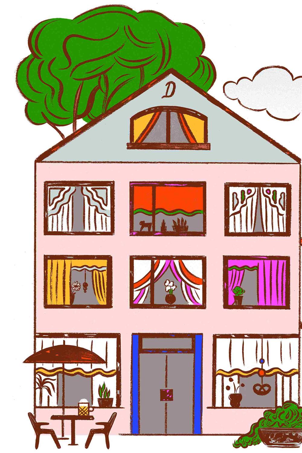 Die bunte Zeichnung zeigt ein dreistöckiges Wohnheim in einer in Deutschland verbreiteten Bauweise.