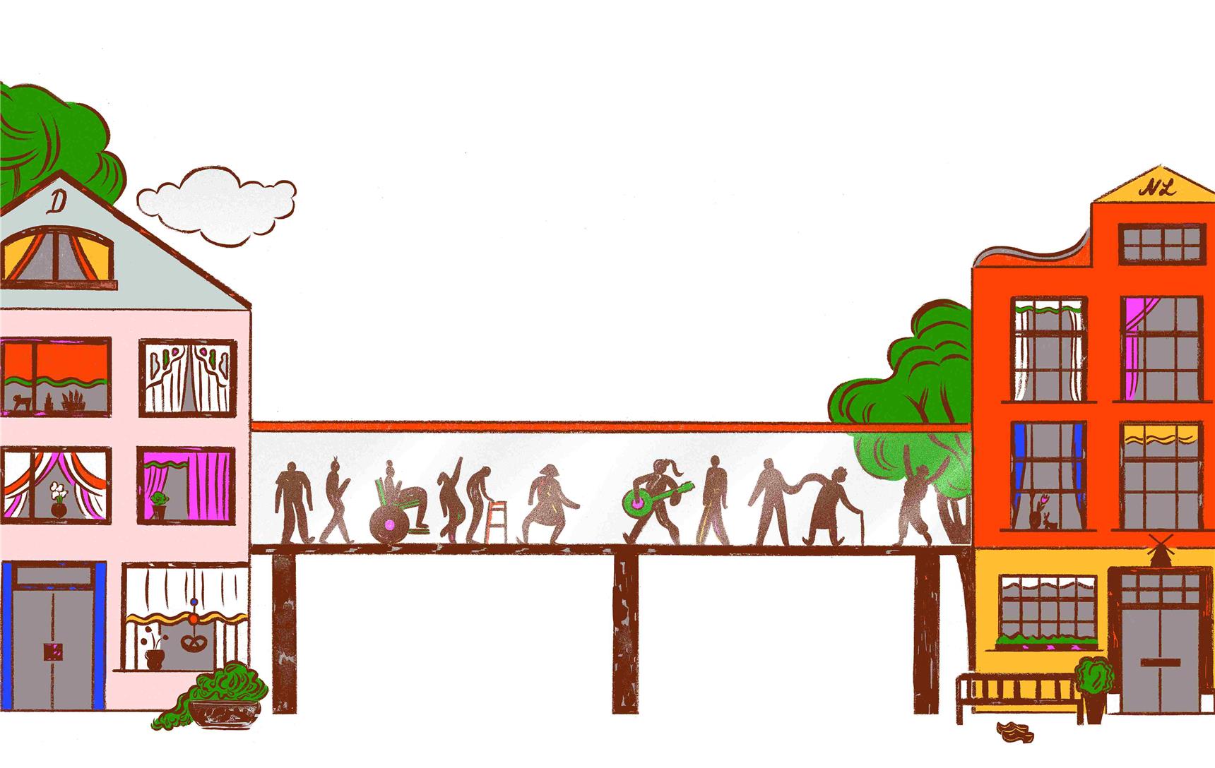Die bunte Zeichnung zeigt: Zwischen einem deutschen und einem niederländischen Wohnheim sind Menschen auf einem überdachten Übergang unterwegs.