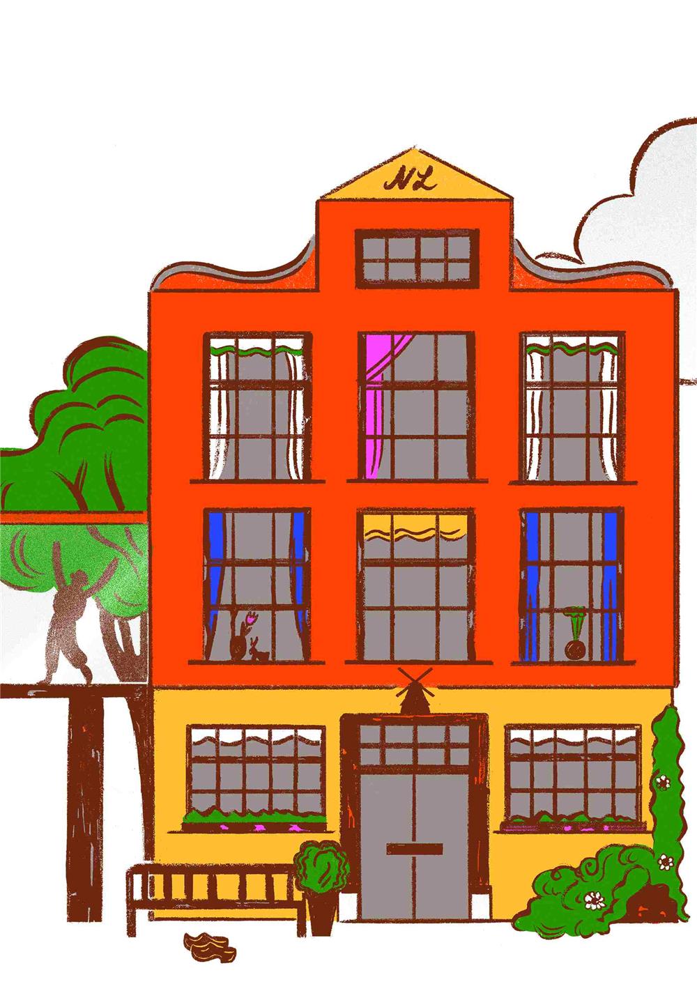 Bunte Zeichnung eines dreistöckigen Hauses in traditioneller niederländischer Bauweise.