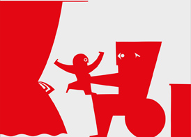 Stilisierter Rollstuhlfahrer mit Kleinkind auf den Knie